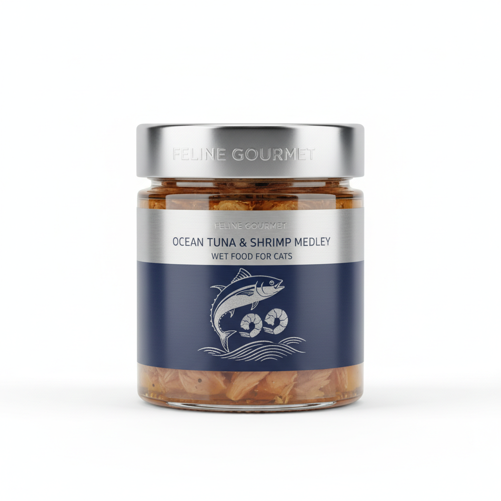 Ocean Tuna & Shrimp Medley premium wet cat food jar