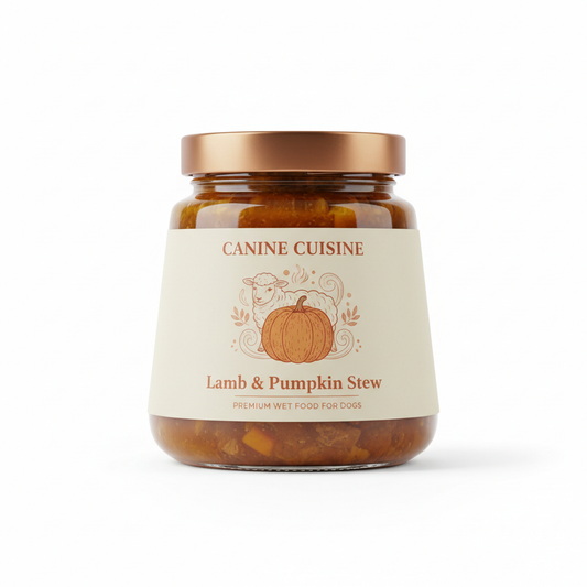 Lamb & Pumpkin Stew premium wet dog food jar